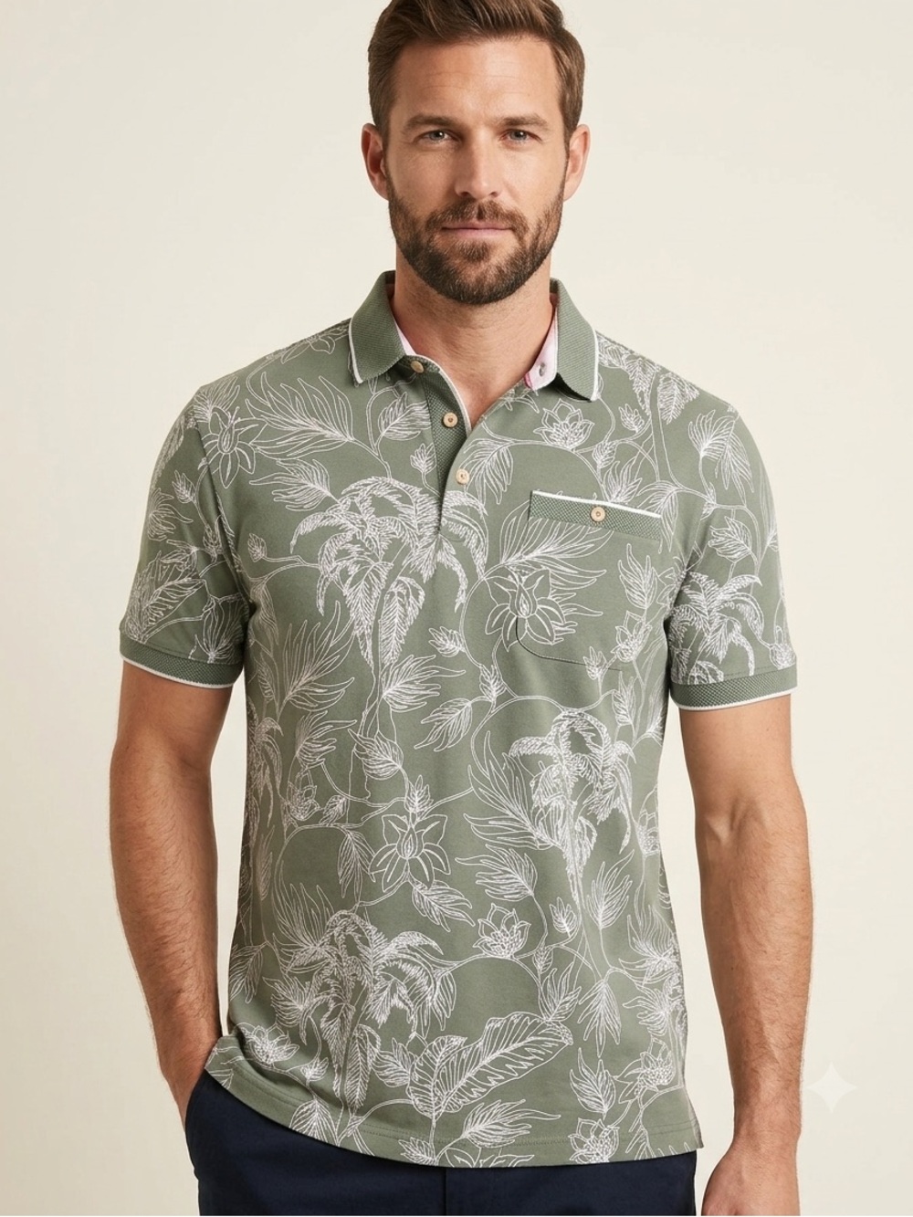 TED BAKER LONDON Linear Floral Print Polo, Khaki Green Sz 5 XL Cotton
